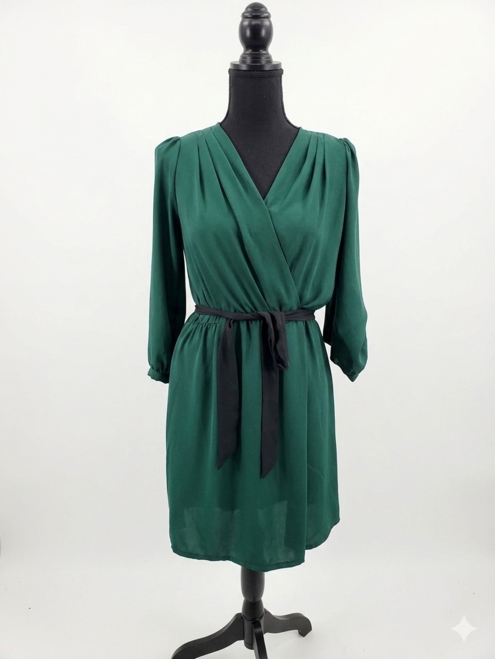 Labella Deep Green Long Sleeve Wrap Dress with Black Tie
